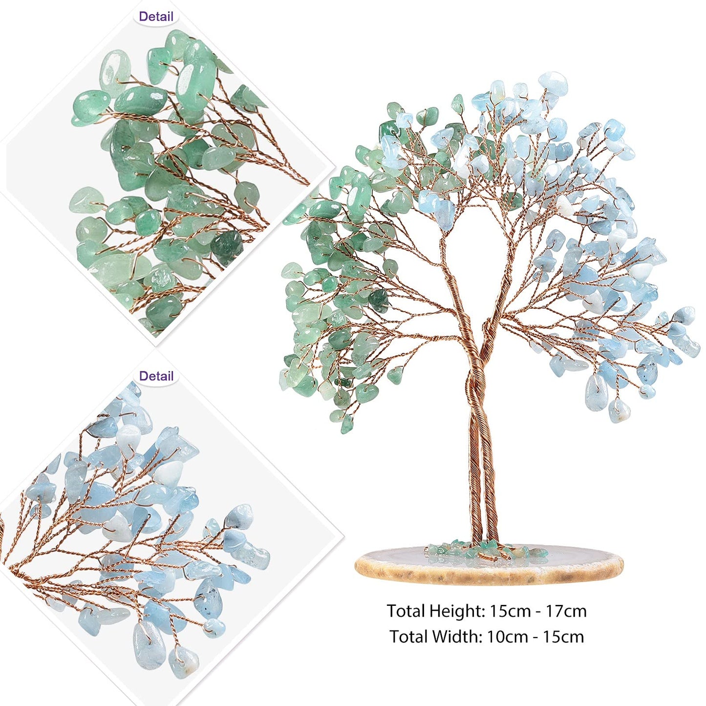 Nupuyai Crystal Tree Feng Shui Gemstone Tree, Lucky Tree, Money Tree Gift, Wedding, Decor Living Room Bedroom (Green Aventurine & Aquamarine, Agate Slice Base)