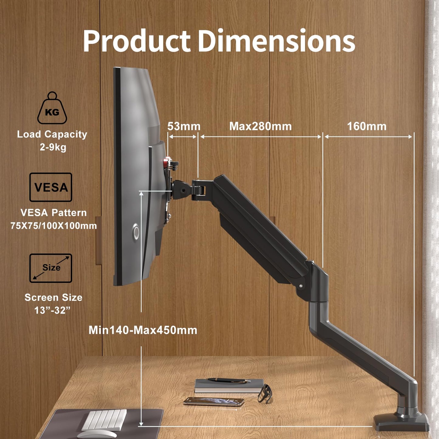 Suptek monitor mount for 13-32 inch LED LCD screen up to 9kg, monitor arm with gas spring, 360° rotation height adjustable swivel tilt, monitor bracket VESA 75x75/100x100mm, MD01A.