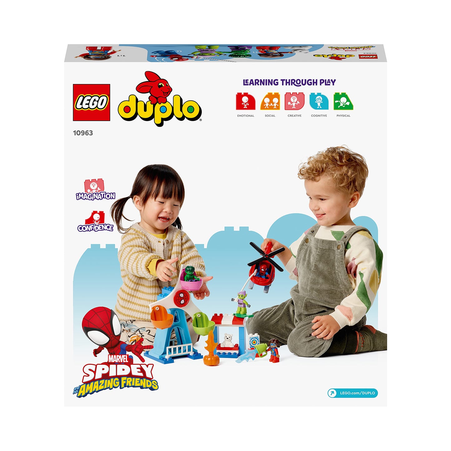 LEGO 10963 DUPLO Marvel Spider-Man & Friends: Fairground Adventure, amusement park with toy helicopter, Hulk and Green Goblin figures, for ages 2 and up.