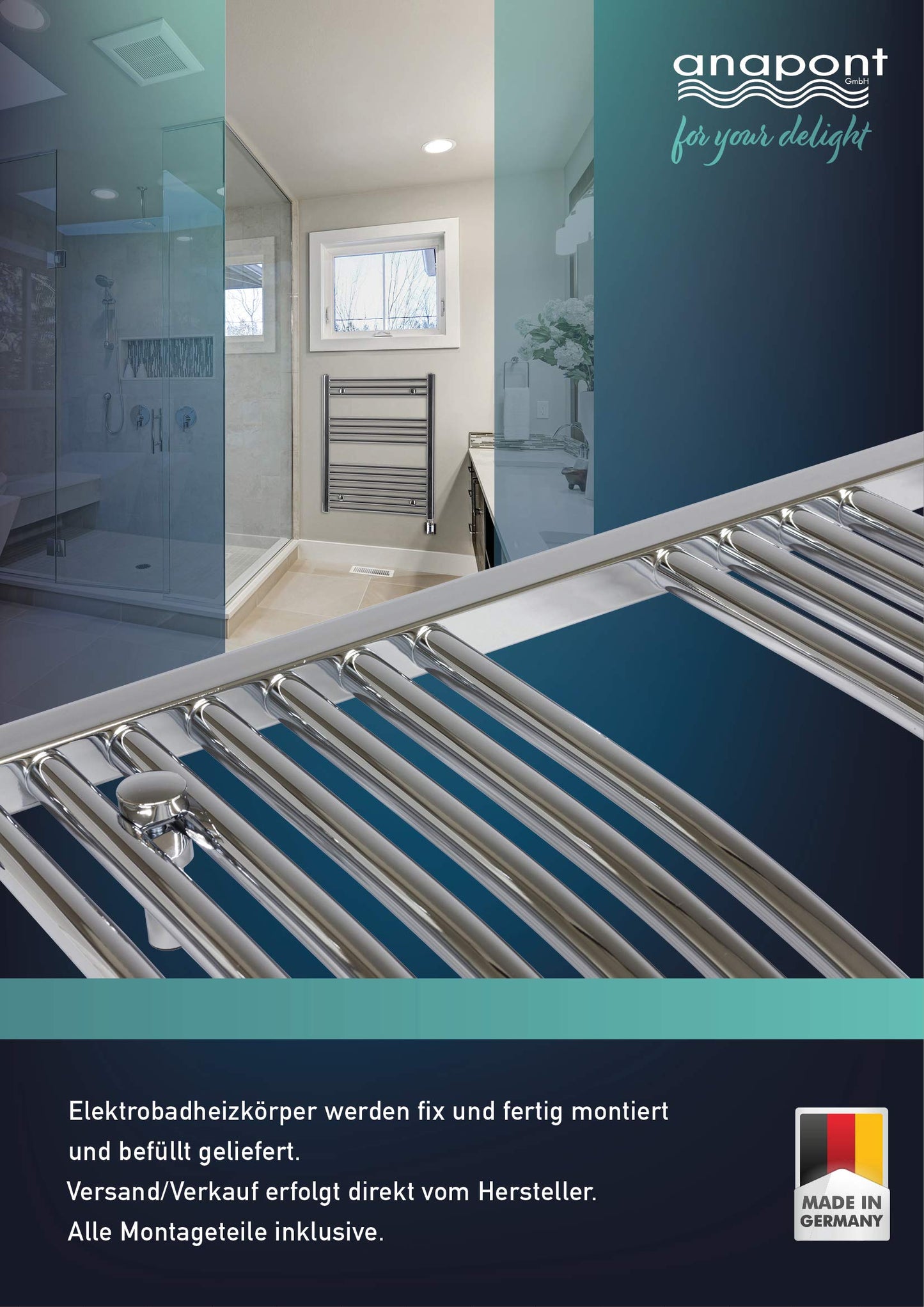 anapont electric bathroom radiator - straight - chrome - timer function - towel radiator - electric bathroom heating - towel heating - Made in Germany (KTX 3, 1775h x 500w)