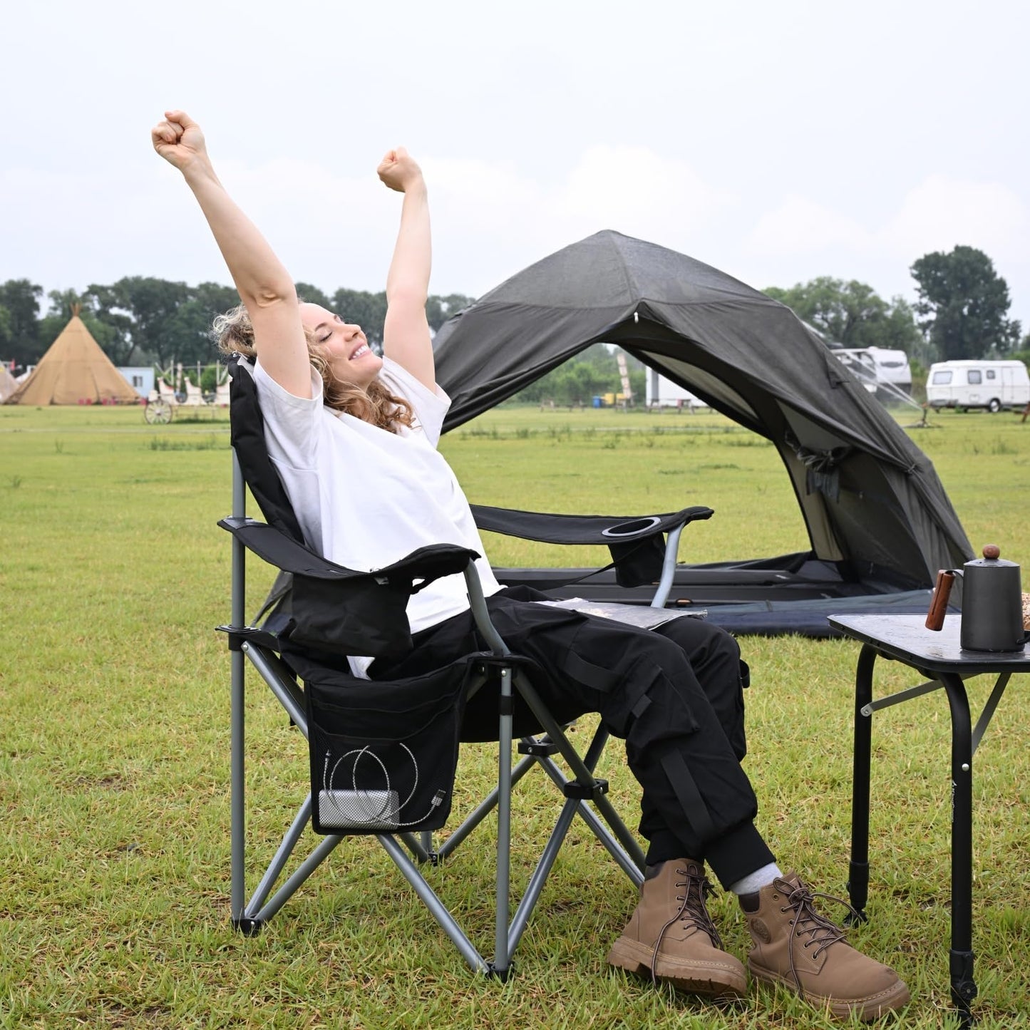KingCamp camping chair foldable up to 160 kg, Oversized camping chair with adjustable backrest, Folding camping chair with high backrest & cooler & drink holder, Black