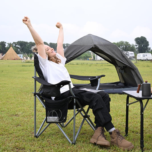 KingCamp camping chair foldable up to 160 kg, Oversized camping chair with adjustable backrest, Folding camping chair with high backrest & cooler & drink holder, Black