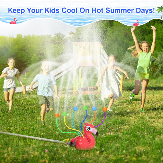 MoKo water sprinkler for kids, Flamingo outdoor water toy, pool toy with 6 hoses & 6 balls, summer fun water toy for garden, pool, pink flamingo.