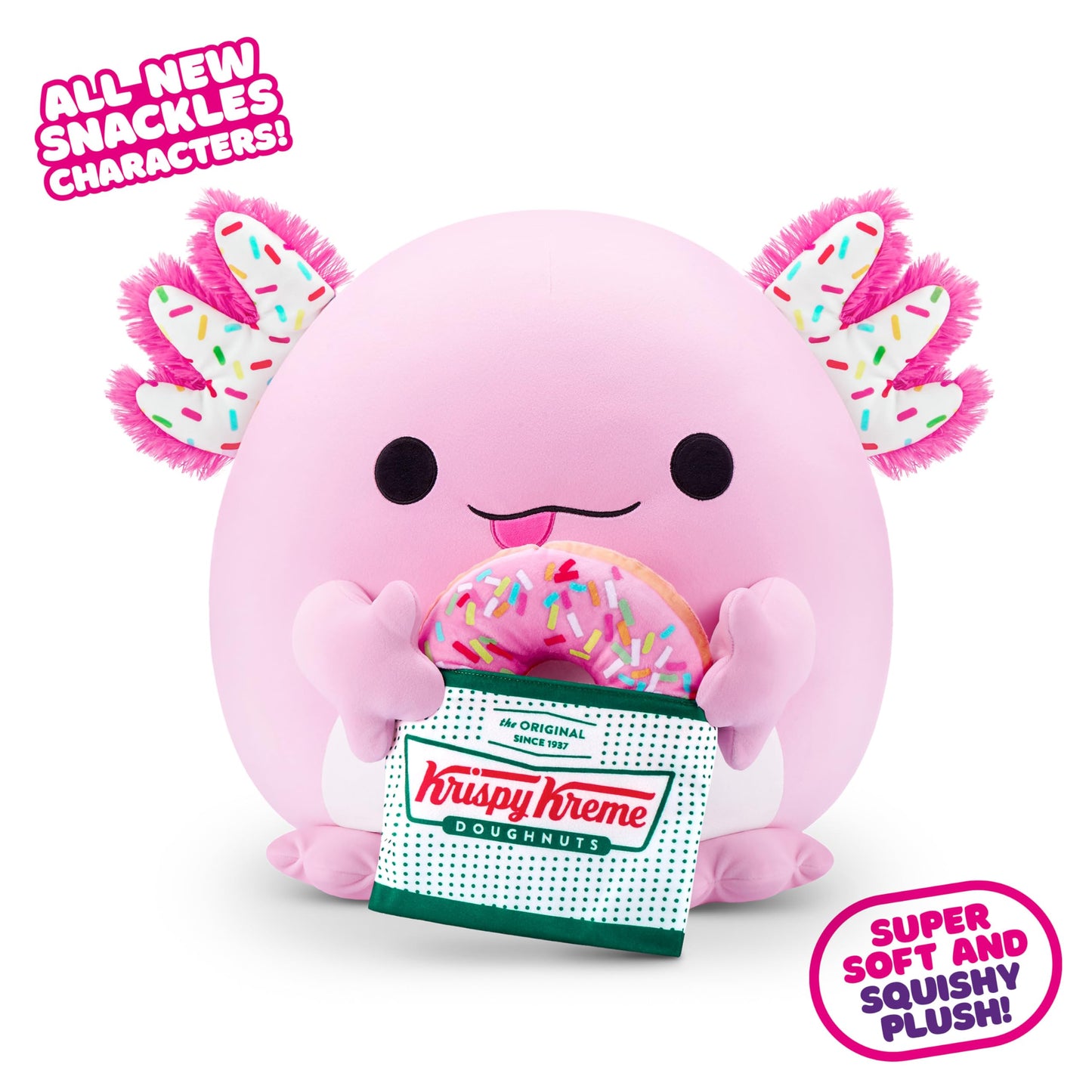 Snackles, Series 2, Axolotl (Krispy Kreme), cuddly and soothing 35cm plush toy with licensed snacks (Axolotl)