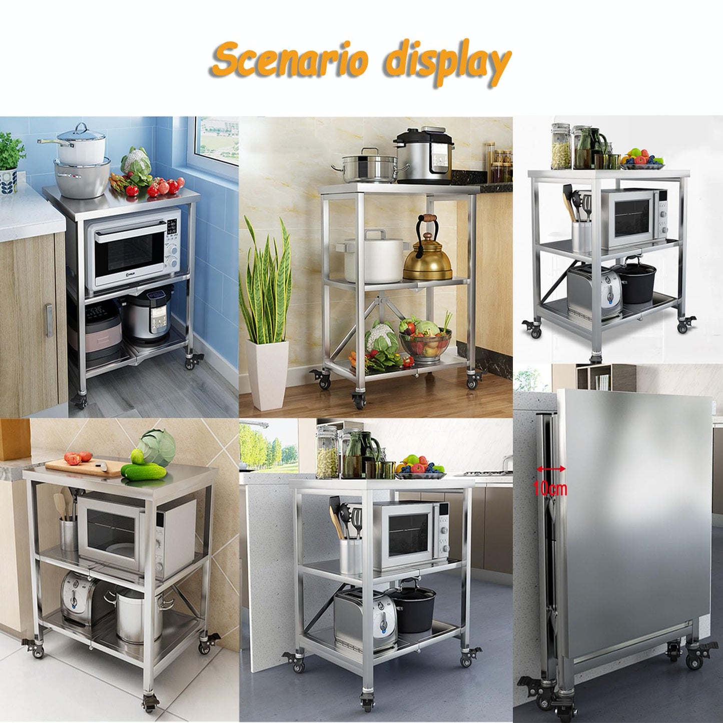 Stainless steel serving cart, 3 shelves foldable transport cart storage shelf trolley with wheels, utility cart for restaurant hotel school household cart (Size: 60X45X80CM)