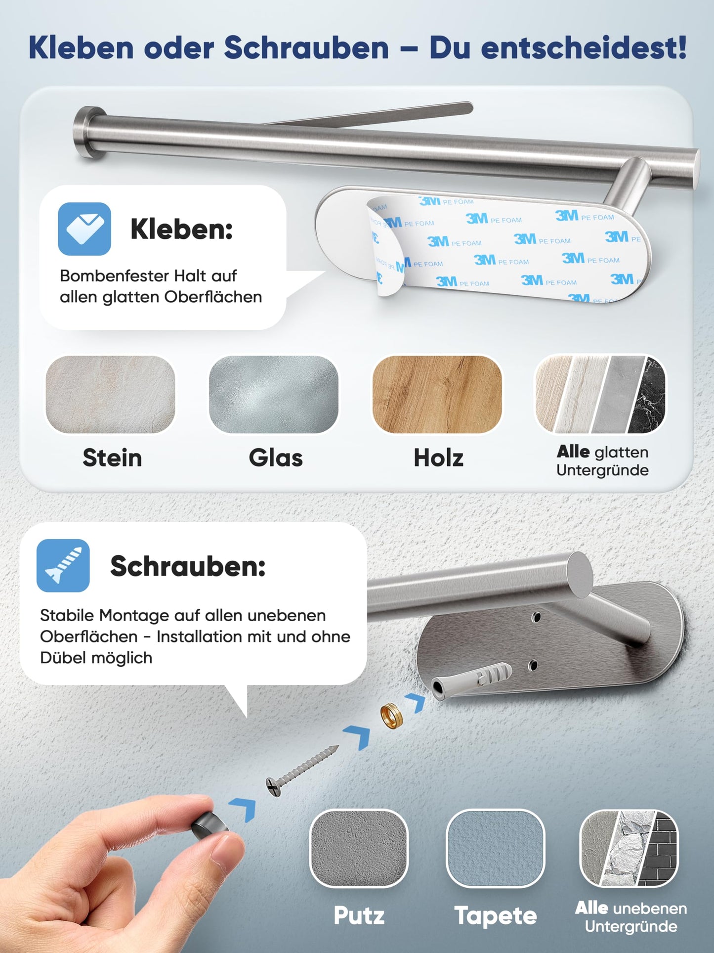 WOHNHELD® Kitchen Roll Holder without drilling | With roll brake | Extremely stable | Zewa roll holder wall self-adhesive stainless steel silver