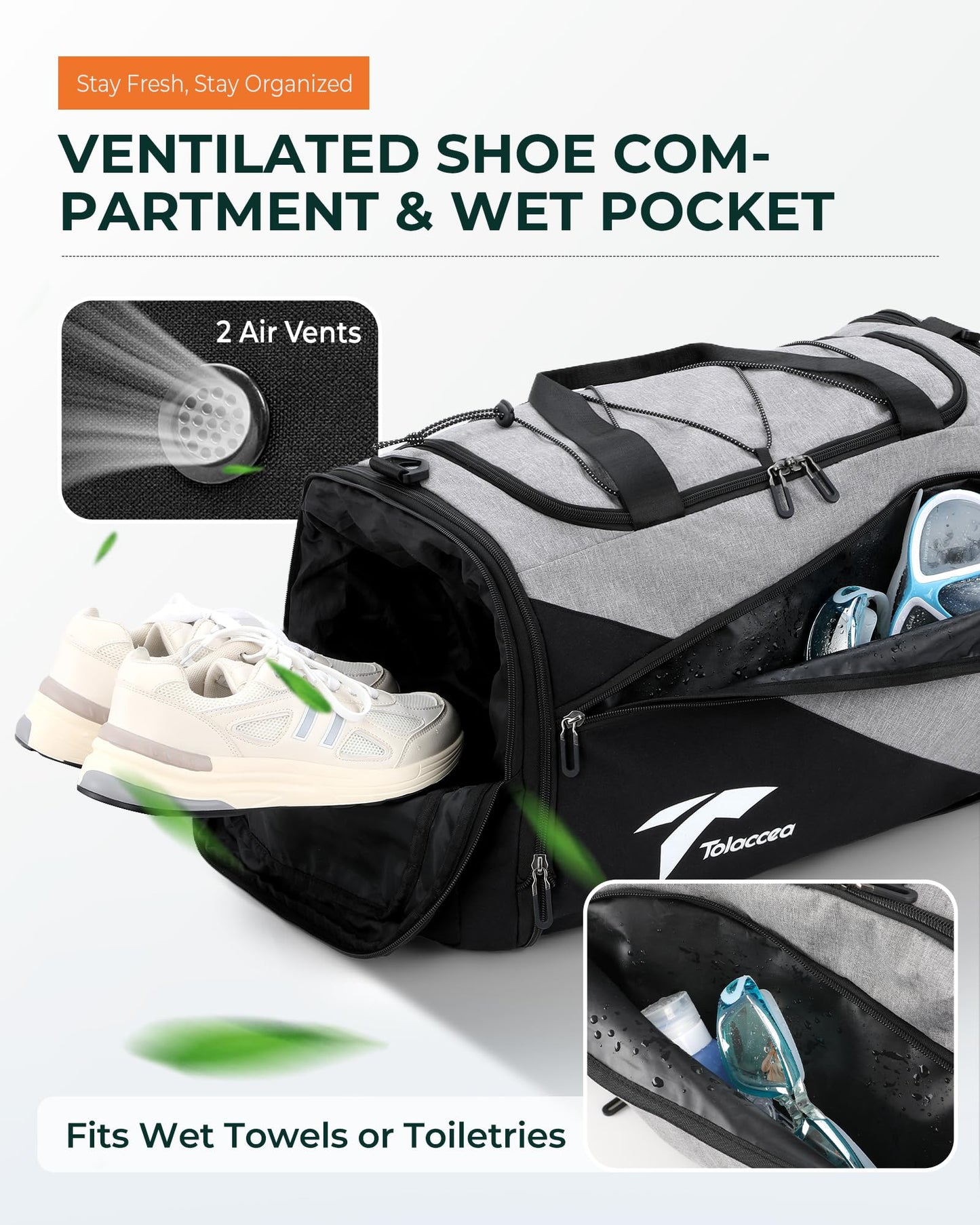 Tolaccea sports bag backpack for men and women, 45-63L expandable sports bags large with shoe compartment wet compartment laptop compartment, travel bag training bag for gym, travel, swimming, sauna, soccer (gray)