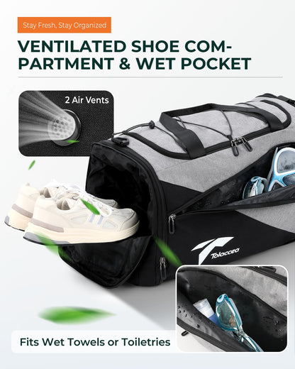 Tolaccea sports bag backpack for men and women, 45-63L expandable sports bags large with shoe compartment wet compartment laptop compartment, travel bag training bag for gym, travel, swimming, sauna, soccer (gray)