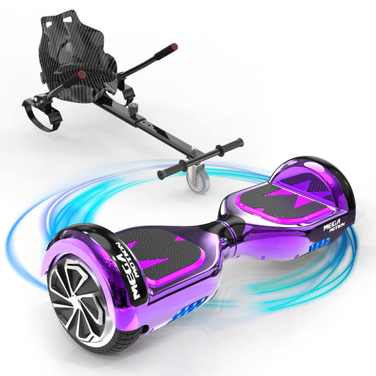 MEGA MOTION Hoverboard Kart, 6.5 inch Hoverboards with seat, equipped with Bluetooth speaker and LED lights, gift for adults and children.