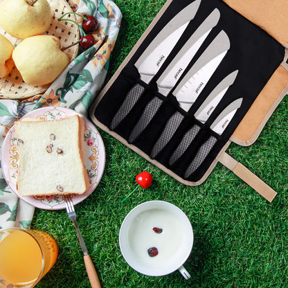 hecef 5-slot knife set with roll bag and knife sheath, vintage stonewashed stainless steel knife set with hollow handle, professional kitchen knife set for outdoor, camping
