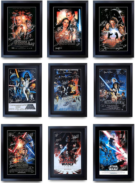 HWC Trading A3 FR Star Wars complete Saga Movie Poster Collection Cast Signed Gift Framed Printed Ford Hamill Fisher Portman Ridley McGregor Gifts print photo display