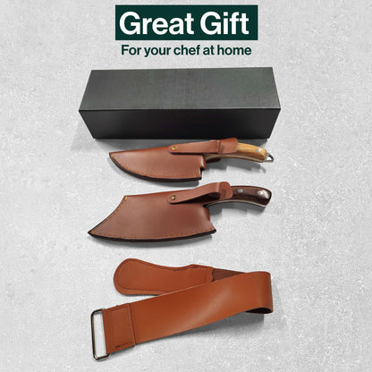 Serbian kitchen knives (butcher knife & cleaver), 2-piece cleaver set, forged chef knife with sheath and sharpening strap, for slicing vegetables, chef knife set for home, camping & BBQ.