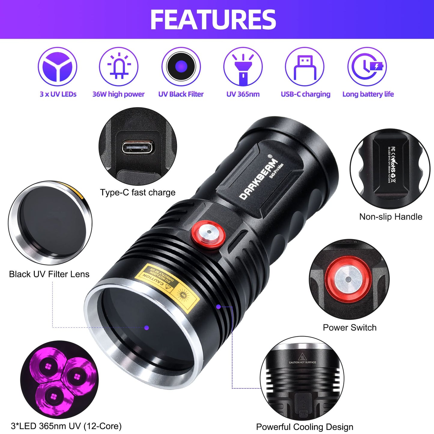 DARKBEAM UV flashlights 365nm Ultraviolet Blacklight, LED light portable Wood lamp, 36W powerful USB-C Blacklight for detecting animal urine, leaks, minerals, uranium glass with battery, B40