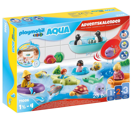 PLAYMOBIL 1.2.3 Aqua 71086 Advent calendar for children: fun in the bath, with floating animals, bathtub toys, suitable for kids aged 1.5 years and up.