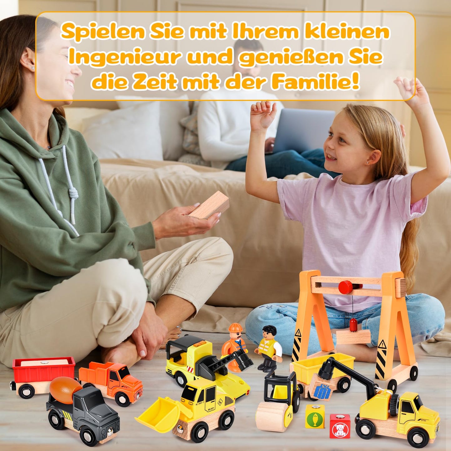 BuzzoXerex Construction Vehicles Children's Wooden Toy, Construction Vehicles Magnetic with Portal Crane, Excavator, Crane Truck, Dump Truck - Gift for 3+ Years