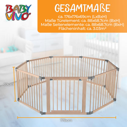 Baby Vivo XXL Playpen Play Yard Baby Safety Gate Crawling Fence Wooden with Door - adjustable - 8 elements PREMIUM Gray
