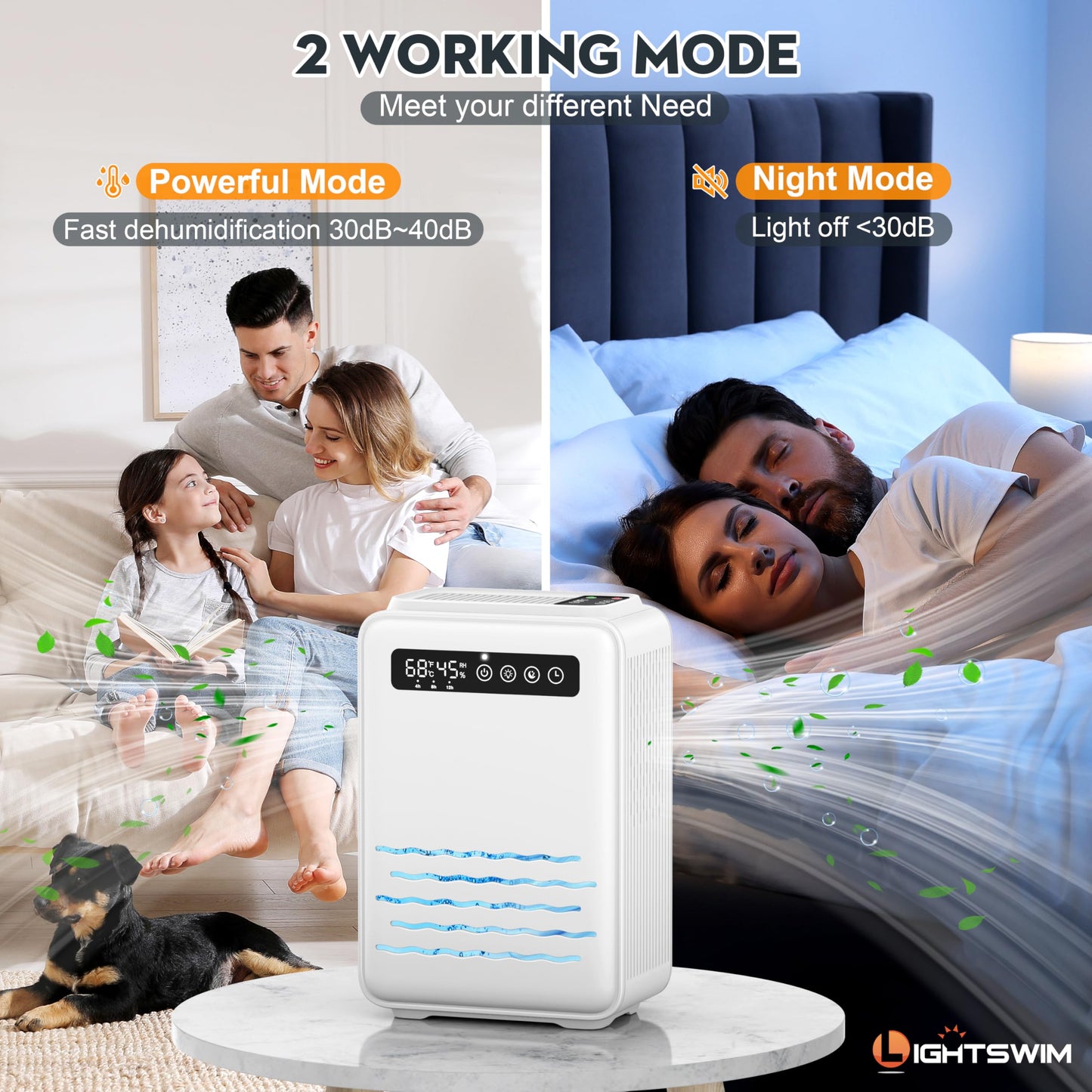 Updated dehumidifier (remote control) for bedroom, 2.8L water tank, 75m², quiet, small dehumidifier for basement, home, bathroom with auto shutdown, LED light in 7 colors.