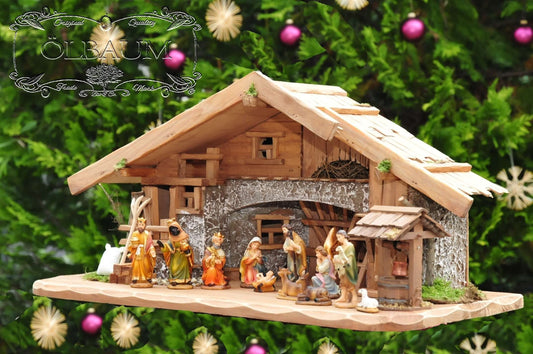 Large Christmas Nativity scene, with fountain + decorations, approx. 60 cm solid wood historically brown complete with fountain set - with 12 x PREMIUM Nativity figures + golden angel