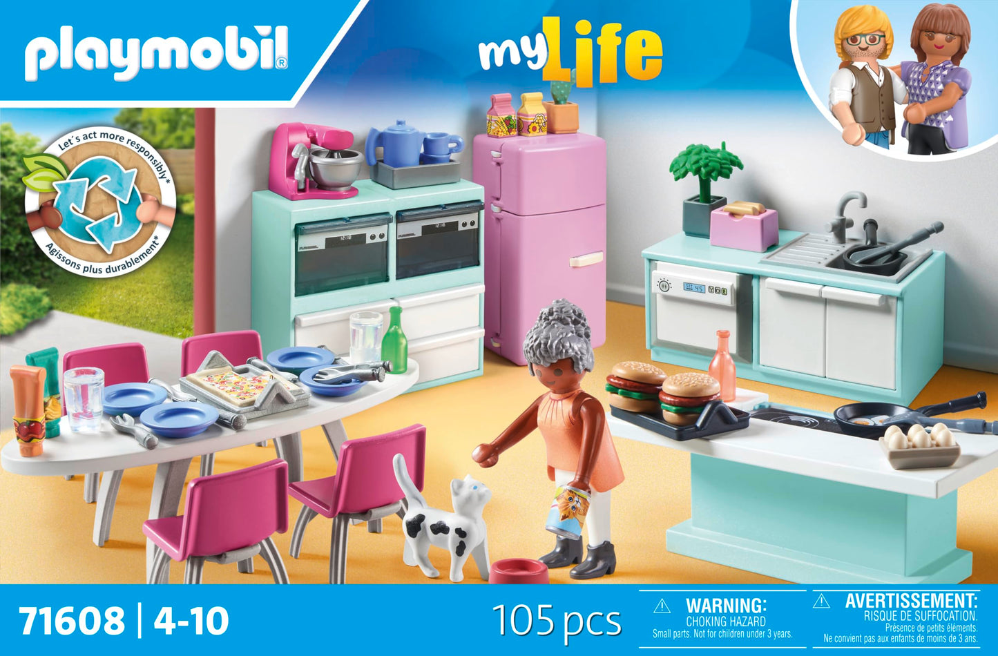 PLAYMOBIL MyLife 71608 Kitchen with Dining Area, fully equipped kitchen for detailed play, made from over 80% recycled and bio-based materials, creative toy for children ages 4 and up.