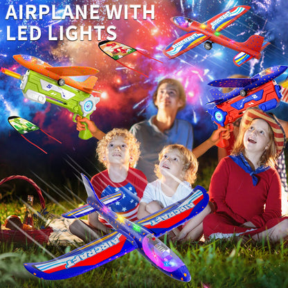 Doloowee 4 IN 1 Airplane Launcher Toy, LED Foam Glider Aircraft Catapult, 3 Flight Modes, Outdoor Sport Flying Toy for 3-12 Year Old Boys Girls Birthday Gifts (Blue+Green)