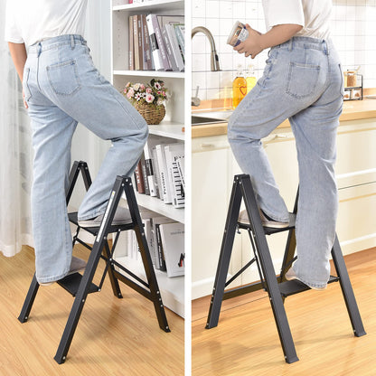 KINGRACK Step Ladder, 2 Step Stool, Folding Step Ladder with Handrail, Non-Slip Household Ladder with Folding Lock, Black Aluminum Step Stool