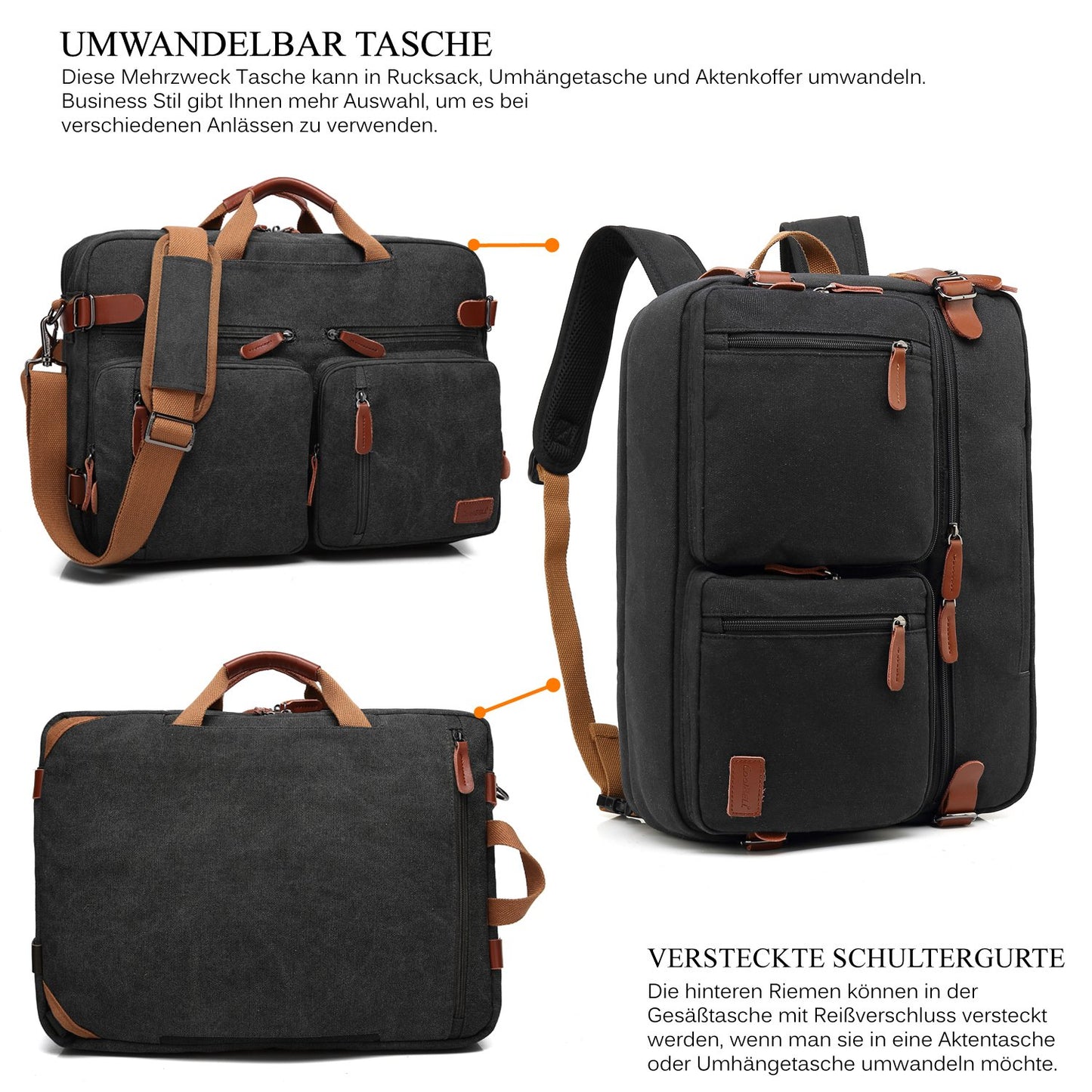 CoolBELL Convertible Briefcase Messenger Bag 17.3 Inch Laptop Bag Backpack Shoulder Bag Travel Shoulder Bag for Men/Women, Canvas Black