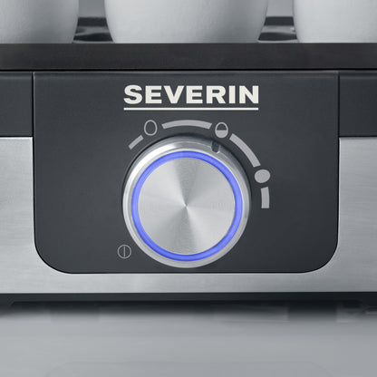 SEVERIN egg cooker for 3 eggs with electronic cooking time monitoring, including measuring cup with egg piercer, egg cooker for ideal hardness level, stainless steel brushed/black, 300 W, EK 3163