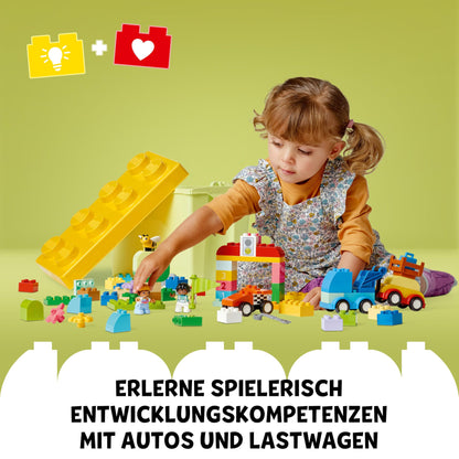LEGO DUPLO Bricks Box Cars and Trucks - Educational toy for boys & girls from 1 year old - Toy for toddlers with 1-2-3 bricks, 2 figures and 3 vehicles for playing and building - Gift - 10439
