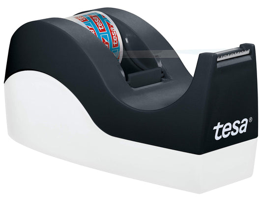 tesa Easy Cut Orca desk dispenser (non-slip, clean cut with 1 roll of tesafilm crystal-clear 10m:19mm) & Leitz NeXXt hole punch, 25 sheets, paper guide with measurements, Metal, Black