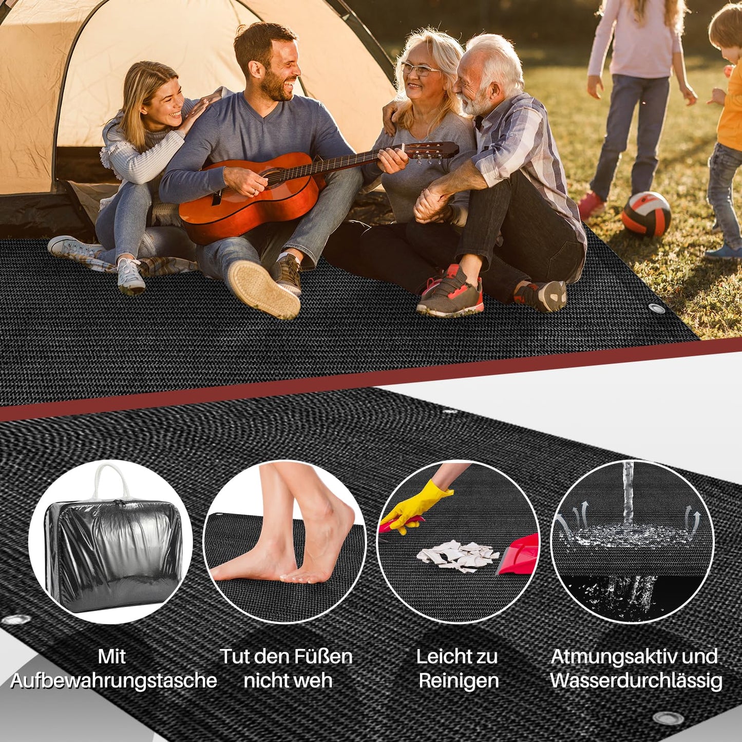 Sun World awning carpet 250x550cm, High-quality camping mat, Breathable non-slip tent carpet in black, Outdoor camping mat with 12 holes, 13 pegs, and carrying bag.