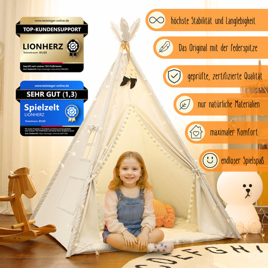 LIONHERZ® THE ORIGINAL Teepee Tent for Kids made of 100% cotton with mat, stabilizer, feather decoration & bag [Stable] Play tent in children's room | Indoor children's tent | Play cave Teepee tent (Pure White)