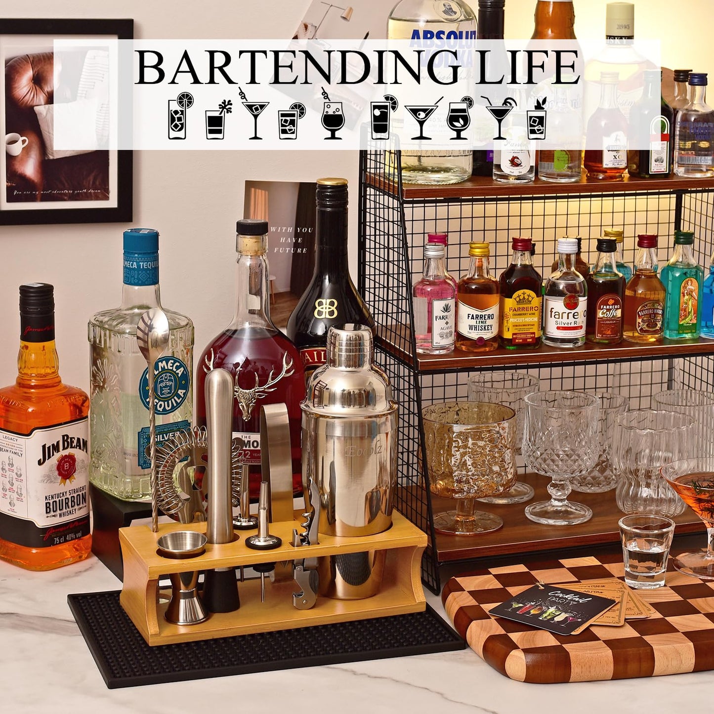 Cocktail shaker set with bamboo stand & recipe book, stainless steel 750ml bar cocktail shaker with bar accessories tools, 11 piece cocktail mix set for bartender gift women