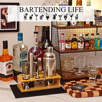 Cocktail shaker set with bamboo stand & recipe book, stainless steel 750ml bar cocktail shaker with bar accessories tools, 11 piece cocktail mix set for bartender gift women