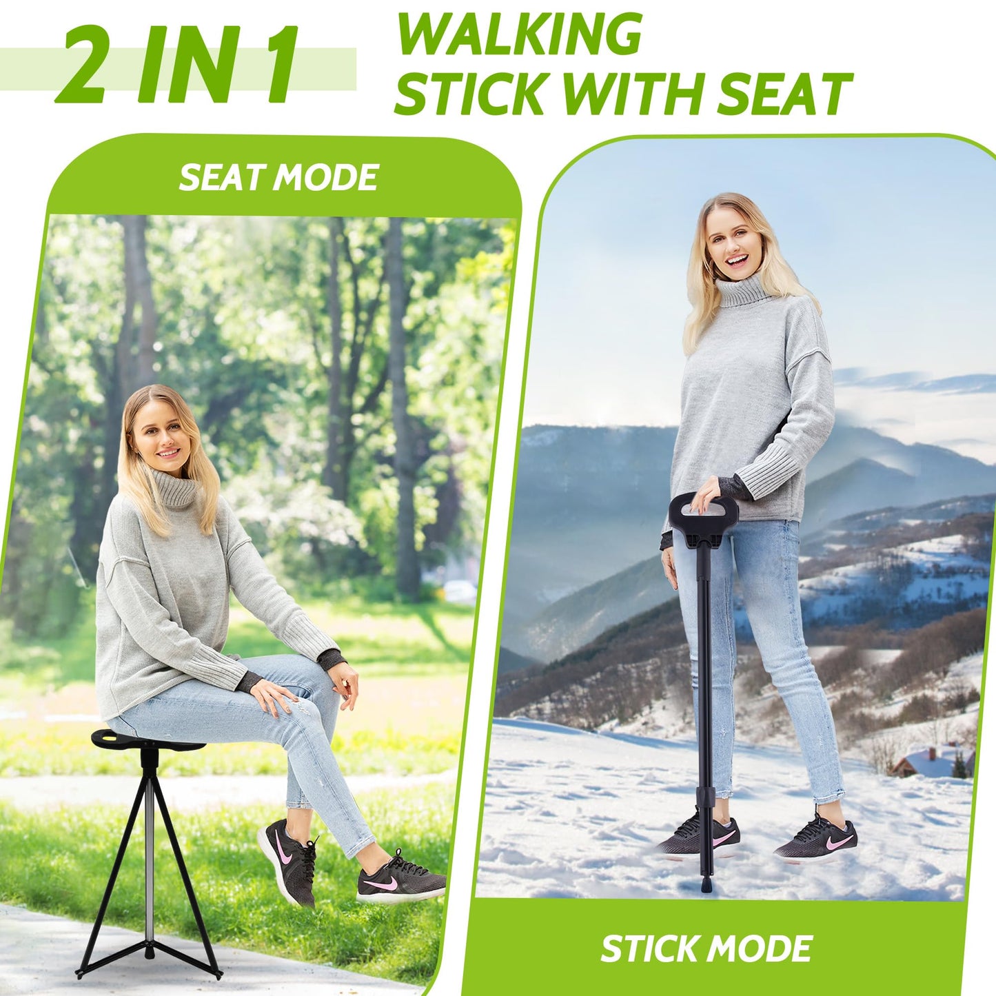 ALEVMOOM walking cane with seat, folding chair, portable, retractable, lightweight, for elderly individuals, outdoor travel.
