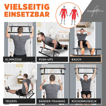 AthleticPro - Pull-Up Bar for Door Frame or Wall Mount - Heavy-duty pull-up bar [up to 200 KG] - Chin-up bar for door without assembly - 20 cm higher in the frame - Also suitable for Dips & Push Ups.