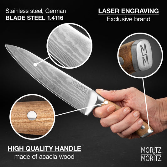 Moritz & Moritz Damascus knife 20 cm - Professional chef's knife made of 67 layers of Damascus steel - Sharp kitchen knife - Japanese chef's knife - Ergonomic handle made of acacia wood - Damascus knife steel