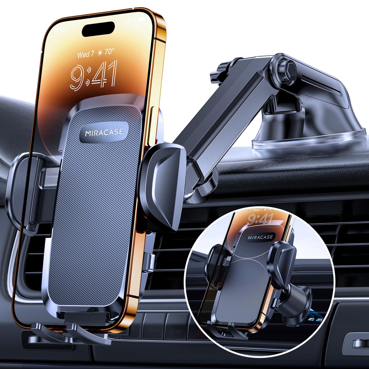 Miracase car phone holder [Improved suction cup & metal double hook] Phone holder for car air vent dashboard windshield, car phone holder for iPhone Samsung Galaxy all smartphones