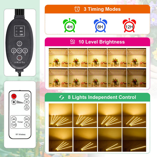 SINJIA light [8 pack] LED plant growth light strips full spectrum for indoor plants with auto ON/Off timer, 384 LEDs/10 dimmable levels, grow lamp for hydroponic succulent, plug and play.