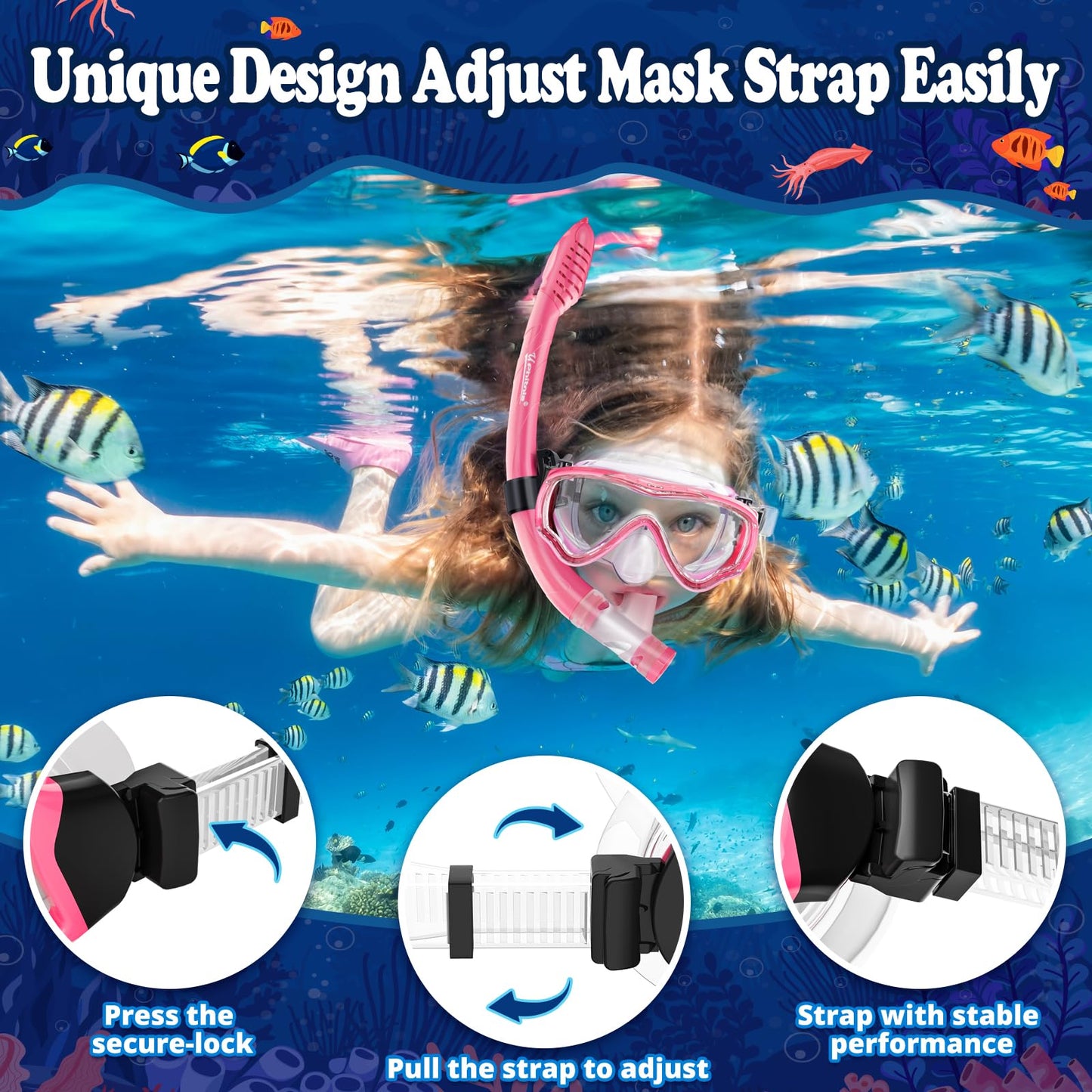 UPhitnis Kids Snorkel Set - Anti-Fog Dive Mask and Dry Snorkel - Leak-Proof Snorkel Mask - Snorkeling Gear for Boys Girls - Pink, Blue, Black, Yellow