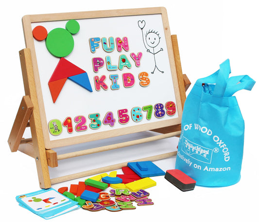 Wooden easel chalkboard magnetic board for children - with magnetic shapes letters numbers pen and paper roll - storage bag included - foldable and easy to store.