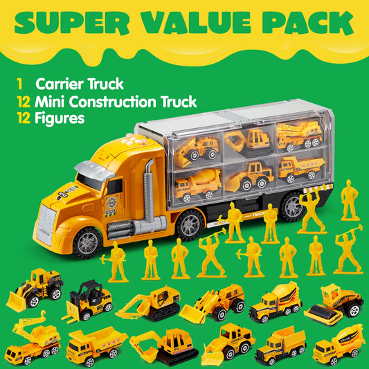 JOYIN 25-in-1 Die-cast Construction Vehicle Toy Set (including transport truck, excavator, dump truck, tractor) with sounds and lights in the transporter, kids gifts for boys aged 3 and up.