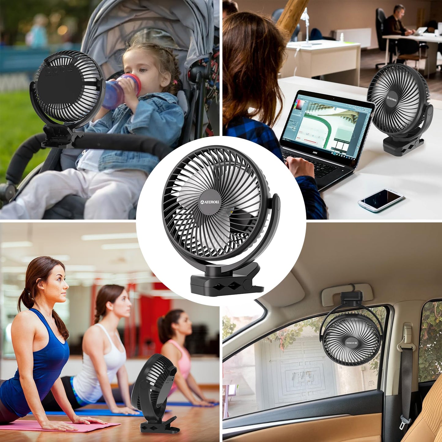 Ateroll Clip-On Fan with Remote, 3 Speeds USB Fan Battery with Timer, 720° rotatable battery-operated desk fan for home.