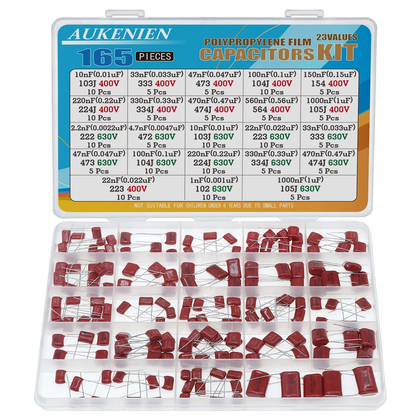 AUKENIEN 23 values 165 pieces Polypropylene Capacitors 400V 10nF to 1uF 630V 1nF to 1uF CBB22 Metallized Film Capacitors Assortment Kit