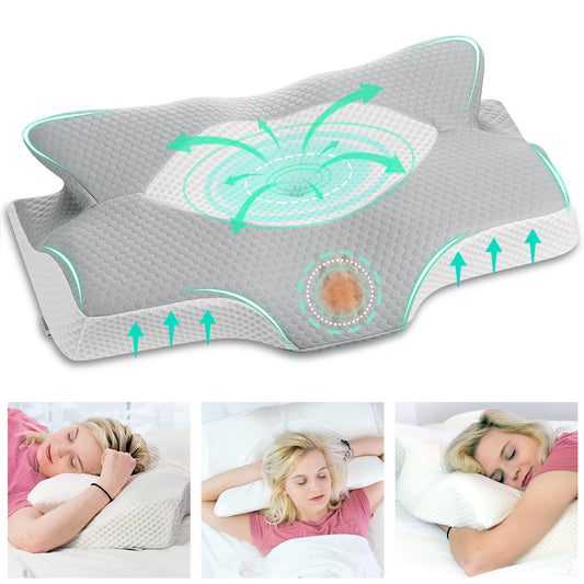 Elviros Orthopedic Memory Foam Pillow, Side Sleeper Neck Pillow, Cervical Pillow for Neck Pain, Ergonomic Sleep Pillow for Neck and Shoulder Pain, 64 x 12.5/10.5 x 38 cm