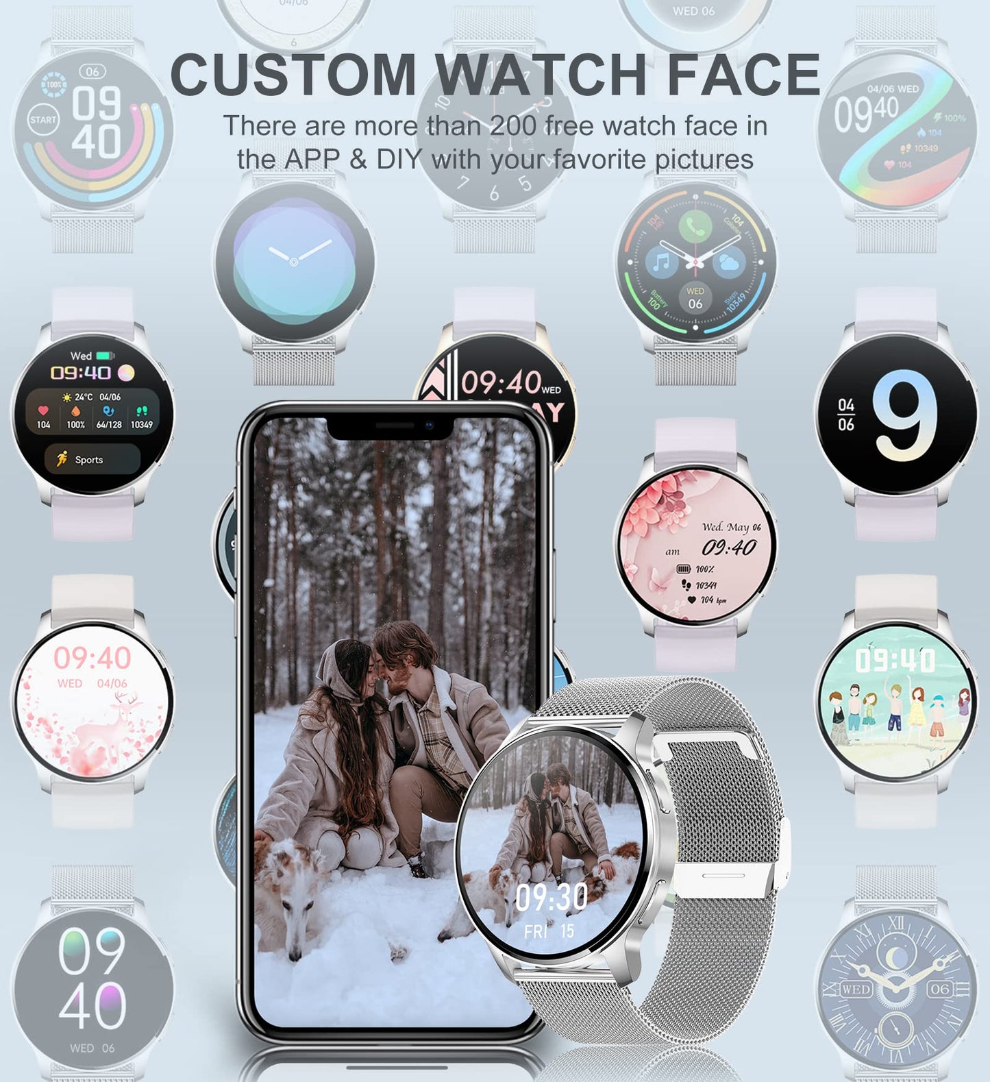 Iaret Smartwatch, 1.32 inch round wearable with phone function, personalized screen, music control, heart rate monitor, step counter, calories, etc. IP68 waterproof fitness tracker.