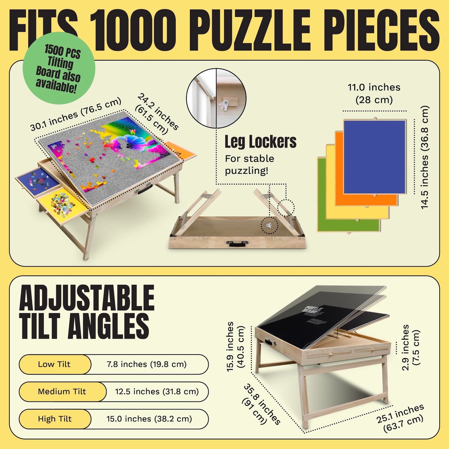 1000 Piece Wooden Puzzle Table - 30" x 24" Folding Puzzle Table with shorter legs, 4 colored drawers, 3 tilt angles & puzzle cover mat - Portable Puzzle Table