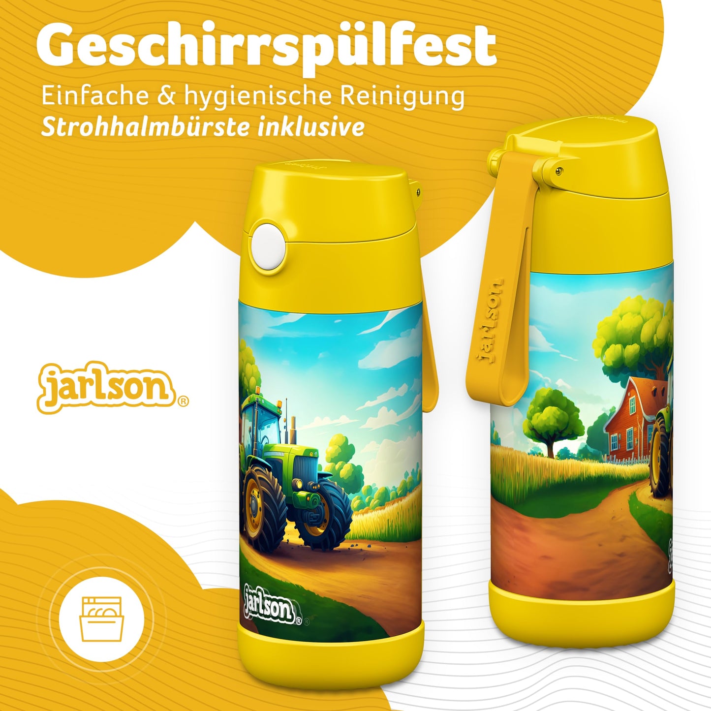 Jarlson® Stainless Steel Kids Water Bottle CHARLI with Straw - Thermos Bottle 350ml - TUV certified - BPA free - Leakproof - Thermal Water Bottle for School, Kindergarten - Tractor design, 350 ml