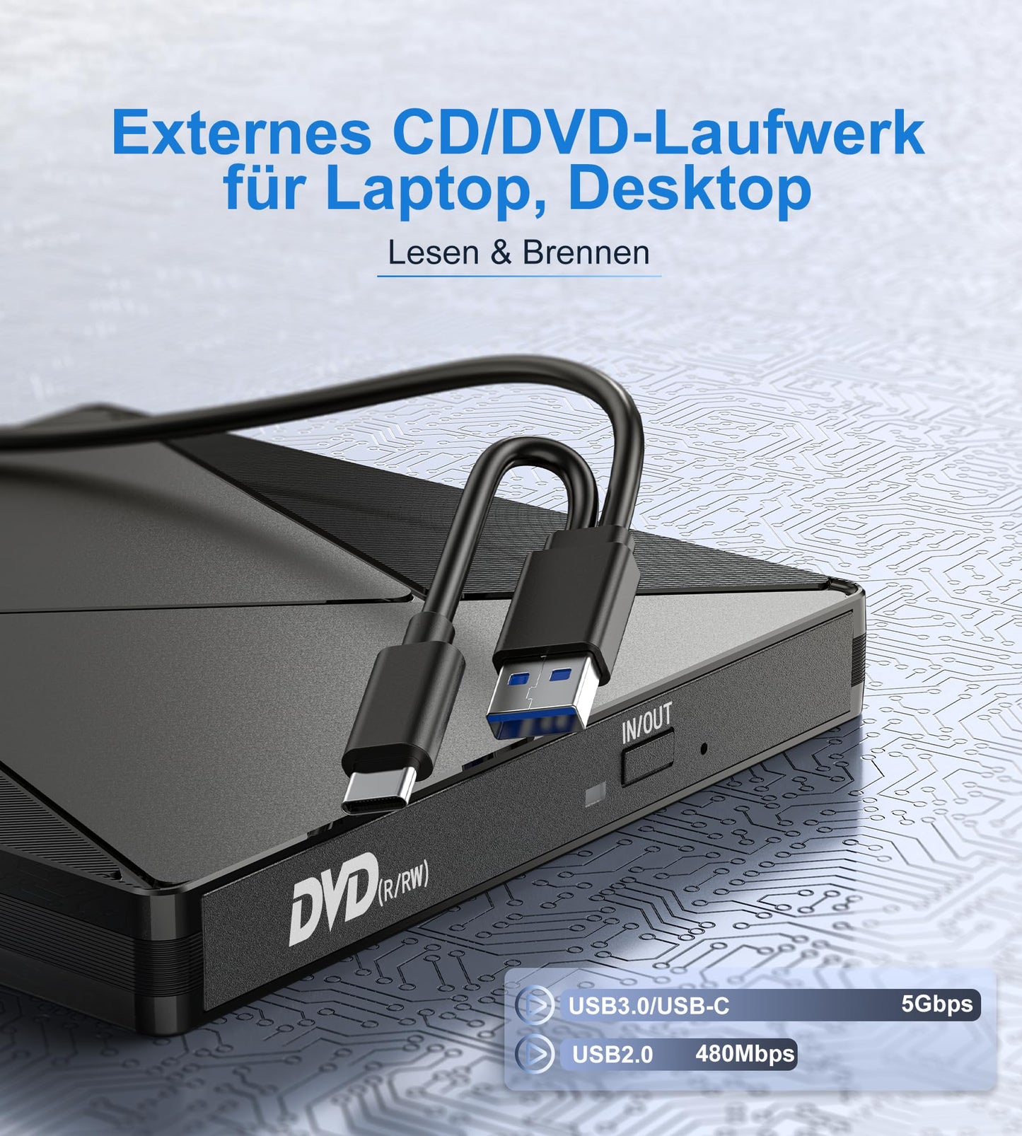 Umaniy External CD DVD Drive, USB 3.0 & USB-C CD/DVD Drive, CD DVD +/-RW ROM Burner Optical External DVD Drive for Laptop, PC, Desktop, MacBook, iMac, Windows 11/10/8/7/XP/Linux/MacOS