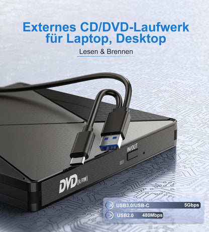 Umaniy External CD DVD Drive, USB 3.0 & USB-C CD/DVD Drive, CD DVD +/-RW ROM Burner Optical External DVD Drive for Laptop, PC, Desktop, MacBook, iMac, Windows 11/10/8/7/XP/Linux/MacOS