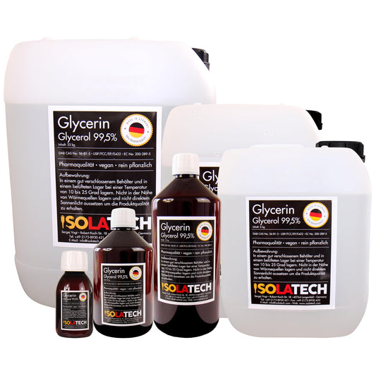 ISOLATECH Glycerin 99.5% 2 liters pharmaceutical grade made in Germany, tested 99.98% pure vegetable, glycerin glycerol liquid transparent 2 x 1000ml bottle (contents 2 x 1.2kg)